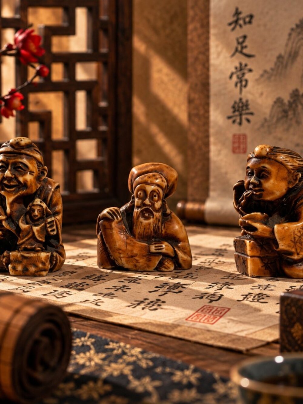 Vintage Asian Carved Figurine Set - Resin Netsuke Style Wise Men & Artisan Figur